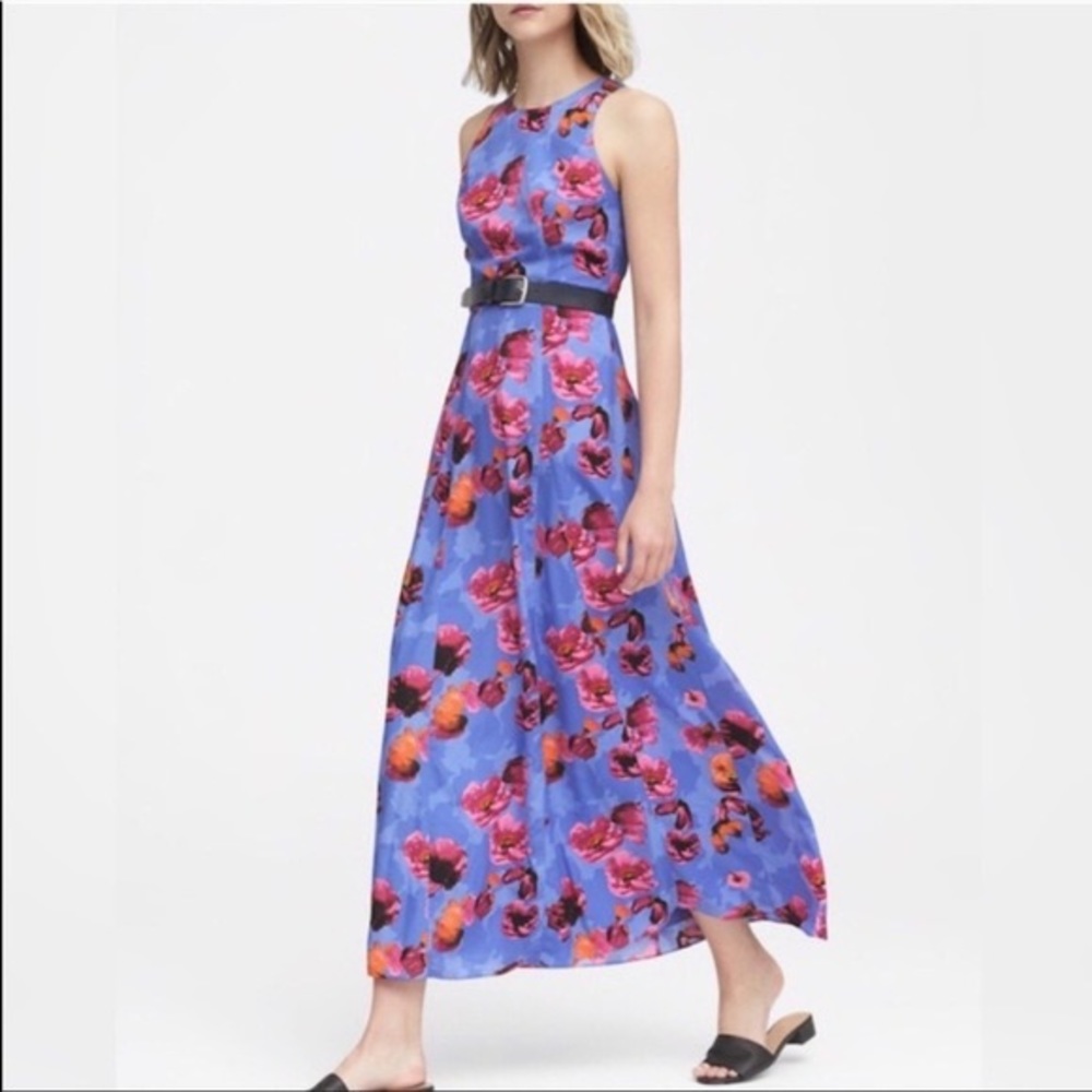 Banana Republic Floral Contrast Stitch Maxi Dress Size 0